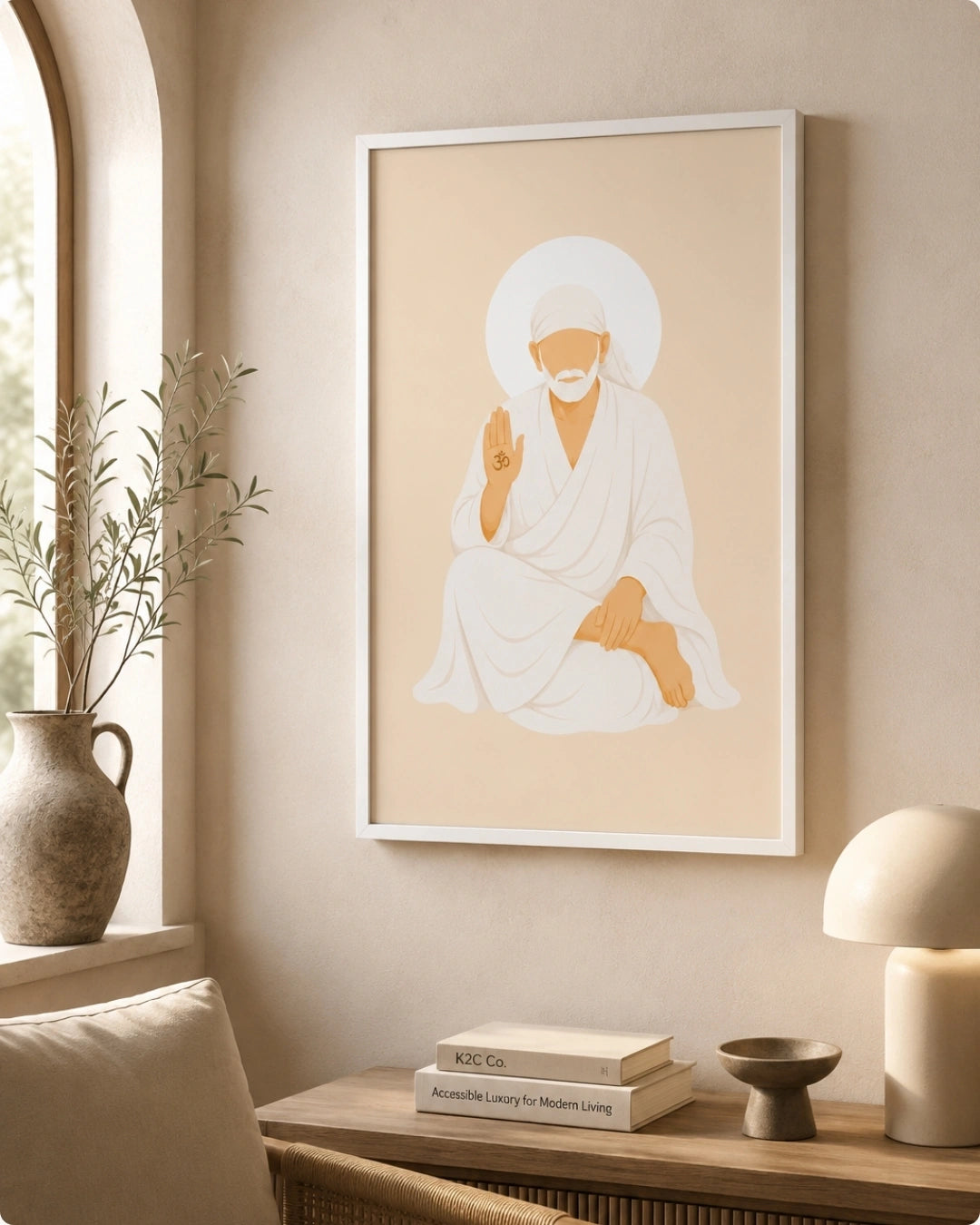 Lifestyle interior mockup of the Sai Baba wall art in a clean white frame hung perfectly over a modern console next to a cozy reading chair.