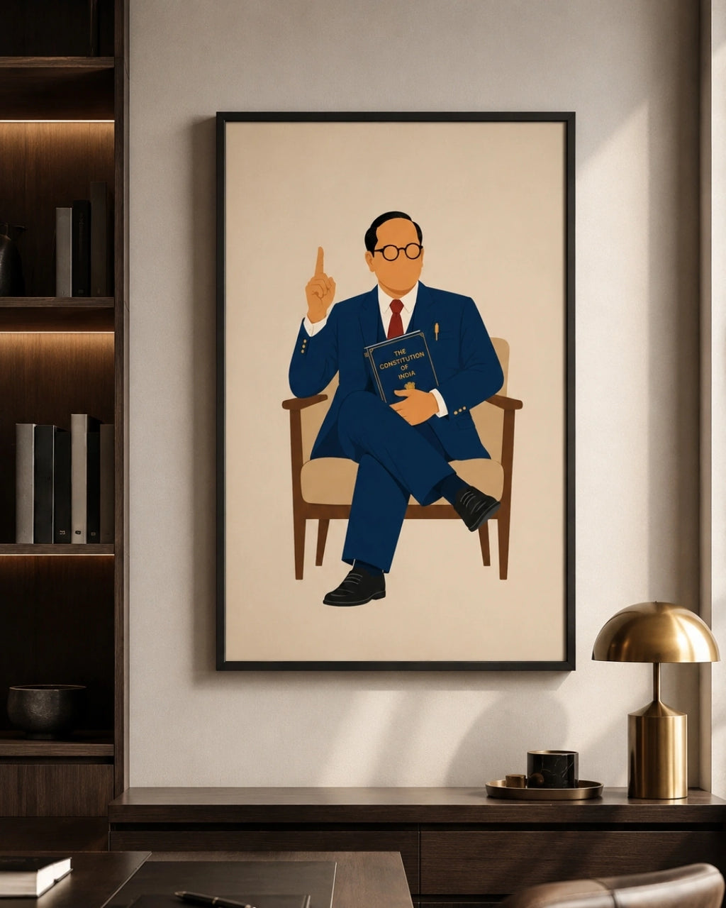 A framed art print featuring a stylized illustration of Dr. B.R. Ambedkar in a blue suit sitting in an armchair and pointing upward, displayed on a wall in a modern office or study setting with a desk, lamp, and shelving visible.