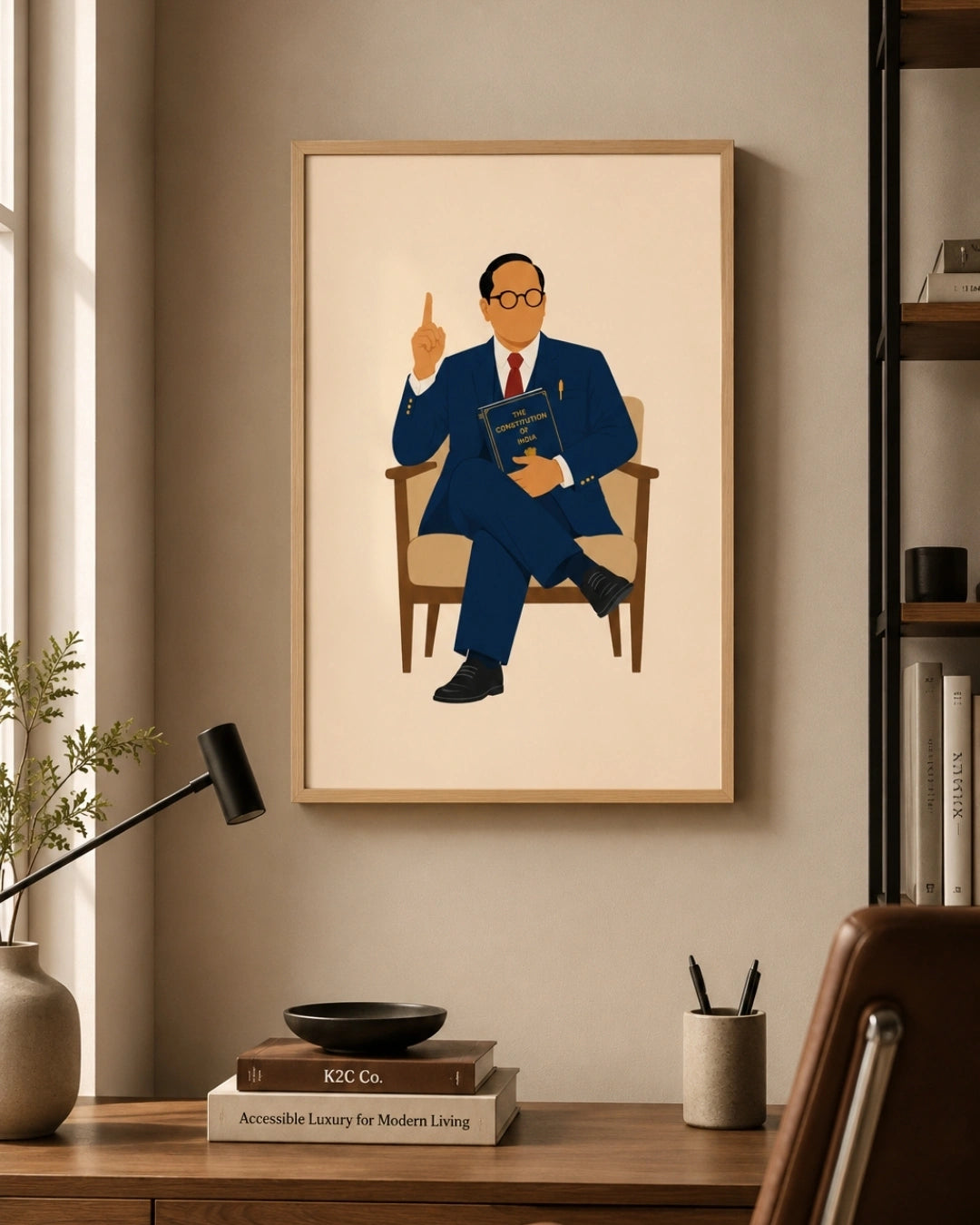 Lifestyle mockup of the minimalist seated Dr. B.R. Ambedkar wall art in a light maple wood frame beautifully aligned over an executive study desk with books and decor.