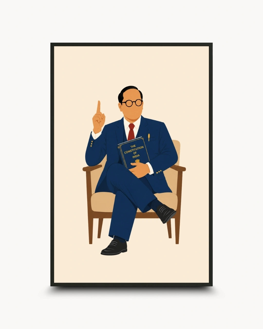 Minimalist illustration of Dr. B.R. Ambedkar seated in a chair holding the Constitution presented as a modern wall art piece in a sleek noir black frame.