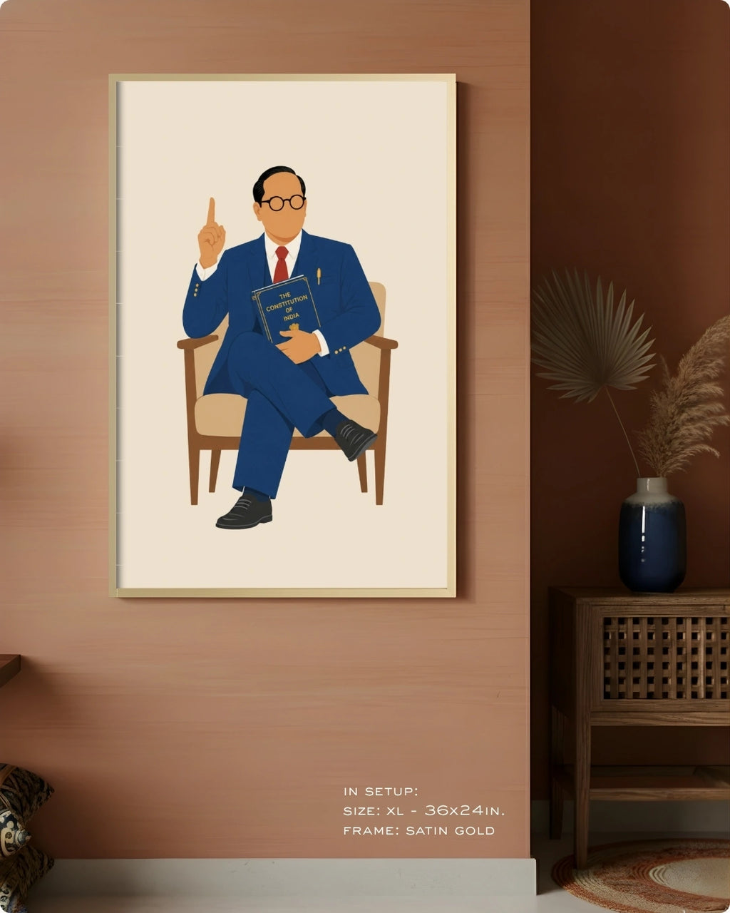 Visual size guide mockup for the seated Dr. B.R. Ambedkar wall art in Extra Large size with a satin gold frame displayed against a warm terracotta accent wall.