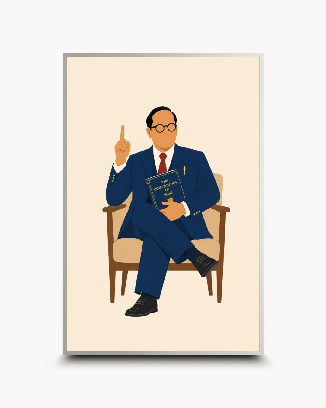 Minimalist illustration of Dr. B.R. Ambedkar seated in a chair holding the Constitution presented as a modern wall art piece in a modern satin silver frame.