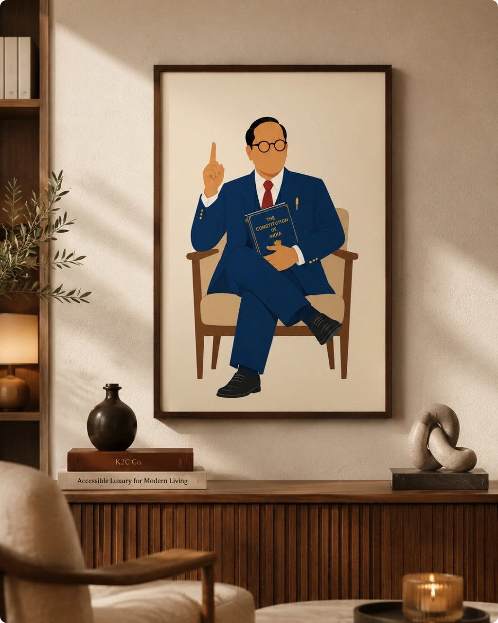 Lifestyle mockup of the seated Dr. B.R. Ambedkar wall art in a rich walnut wood frame styled above a textured wooden console in a moody study.