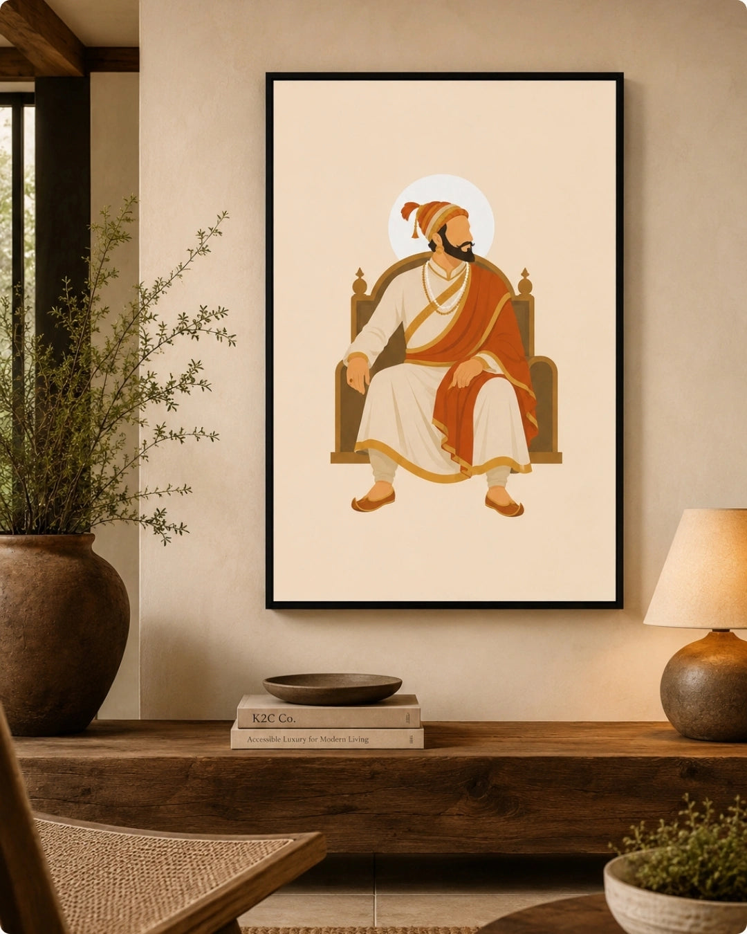 Lifestyle mockup of the seated Shivaji Maharaj wall art in a sleek black frame styled above a dark wooden console with warm ambient lighting and greenery.