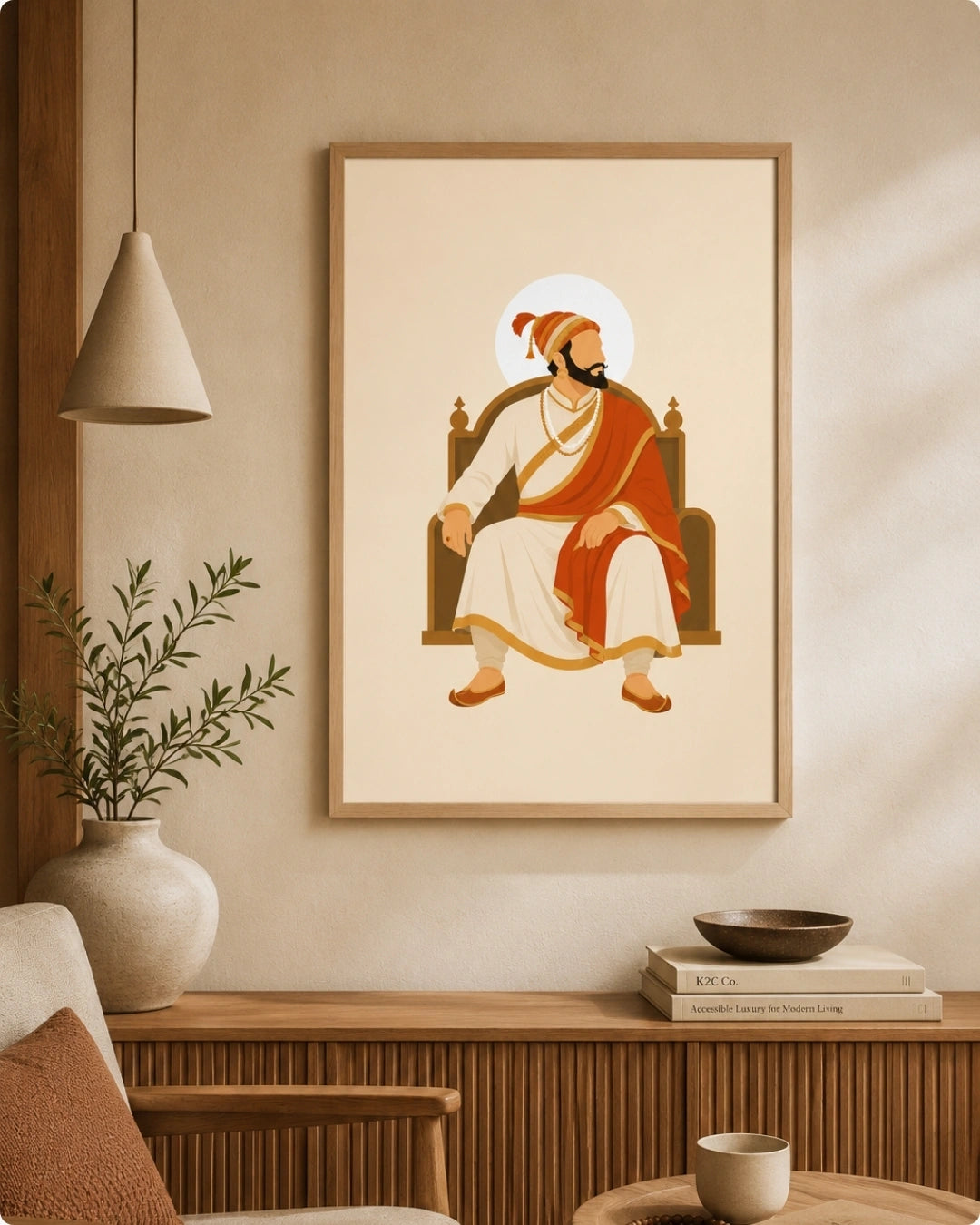 Lifestyle mockup of the seated Shivaji Maharaj wall art in a light maple wood frame displayed above a wooden credenza in a bright, sunlit room.