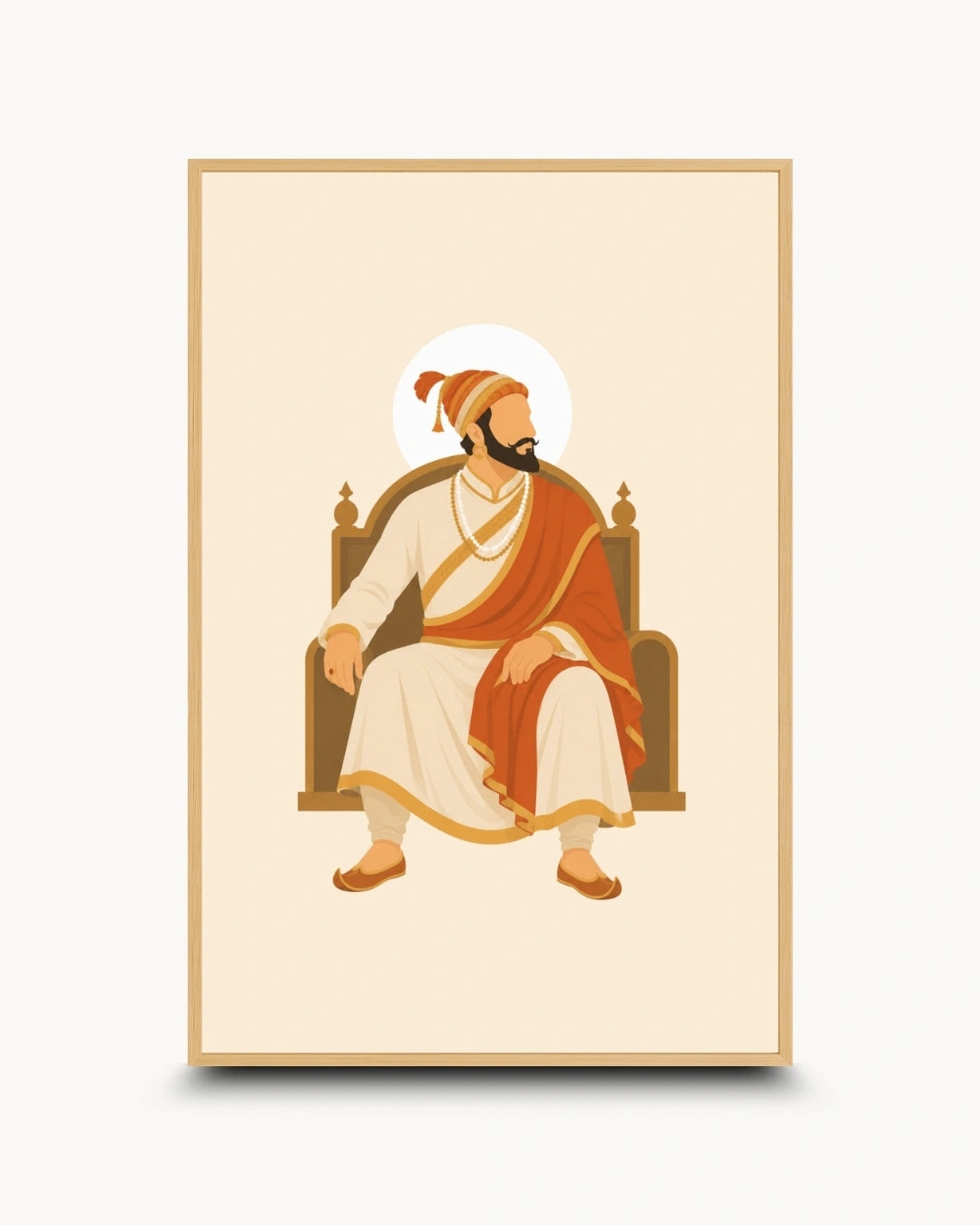 Minimalist illustration of Chhatrapati Shivaji Maharaj seated on a royal throne presented as a modern wall art piece in a light maple wood frame.
