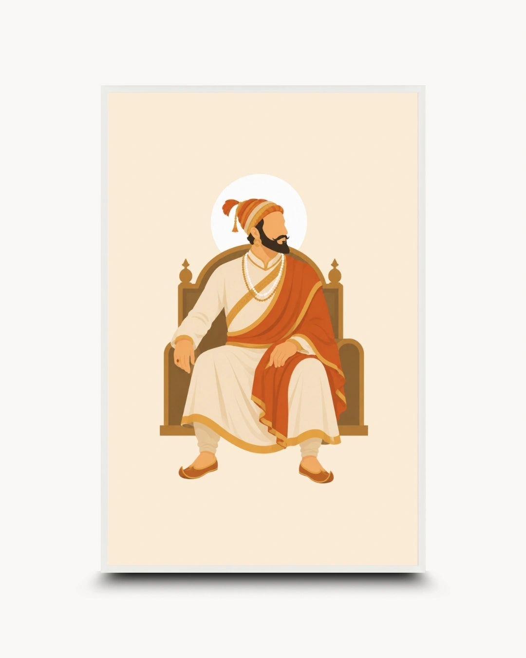 Minimalist illustration of Chhatrapati Shivaji Maharaj seated on a royal throne presented as a modern wall art piece in a clean moon white frame.