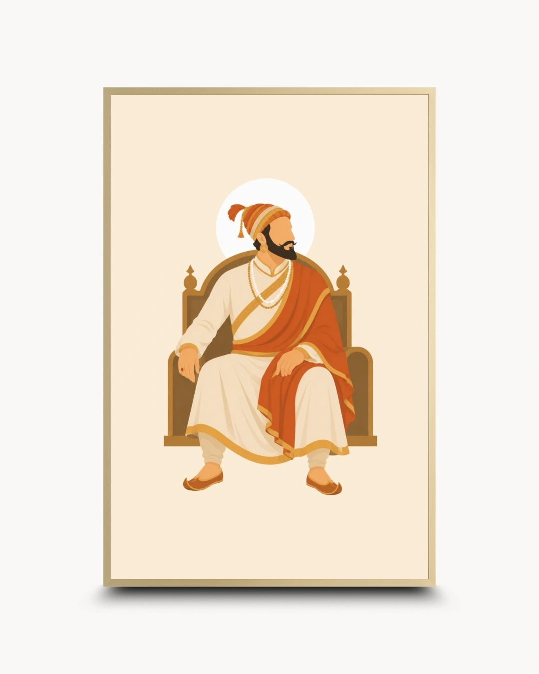 Minimalist illustration of Chhatrapati Shivaji Maharaj seated on a royal throne presented as a modern wall art piece in an elegant satin gold frame.
