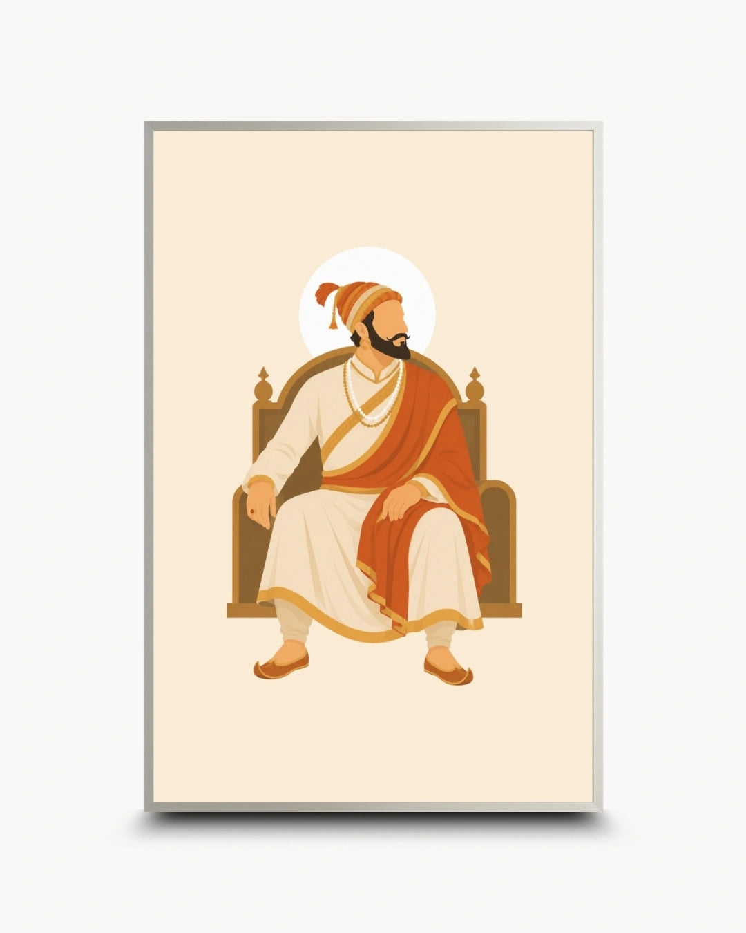Minimalist illustration of Chhatrapati Shivaji Maharaj seated on a royal throne presented as a modern wall art piece in a modern satin silver frame.