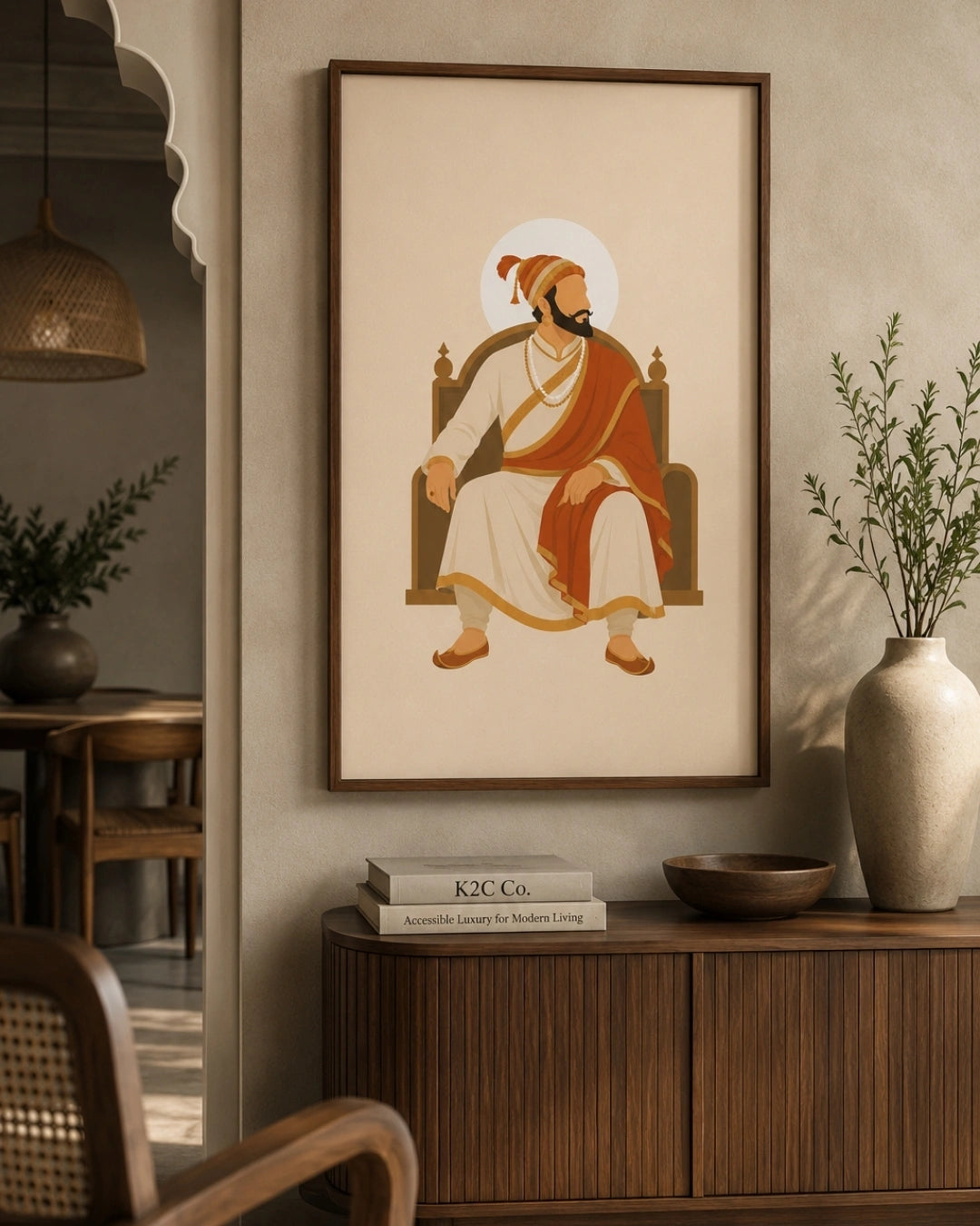 Lifestyle mockup of the minimalist seated Shivaji Maharaj wall art in a rich walnut wood frame beautifully aligned over a wooden entryway console with natural ceramic decor.