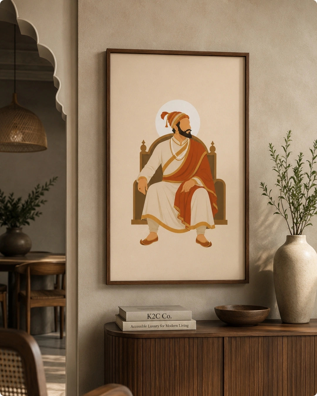 Lifestyle mockup of the seated Shivaji Maharaj wall art in a rich walnut wood frame styled next to a traditional archway over a dark wooden sideboard.