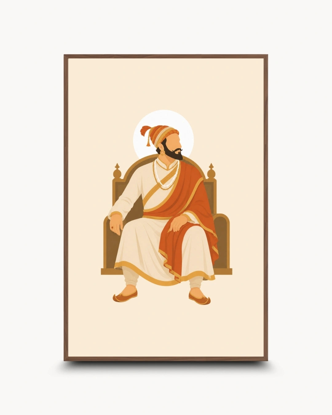 Minimalist illustration of Chhatrapati Shivaji Maharaj seated on a royal throne presented as a modern wall art piece in a rich walnut wood frame.