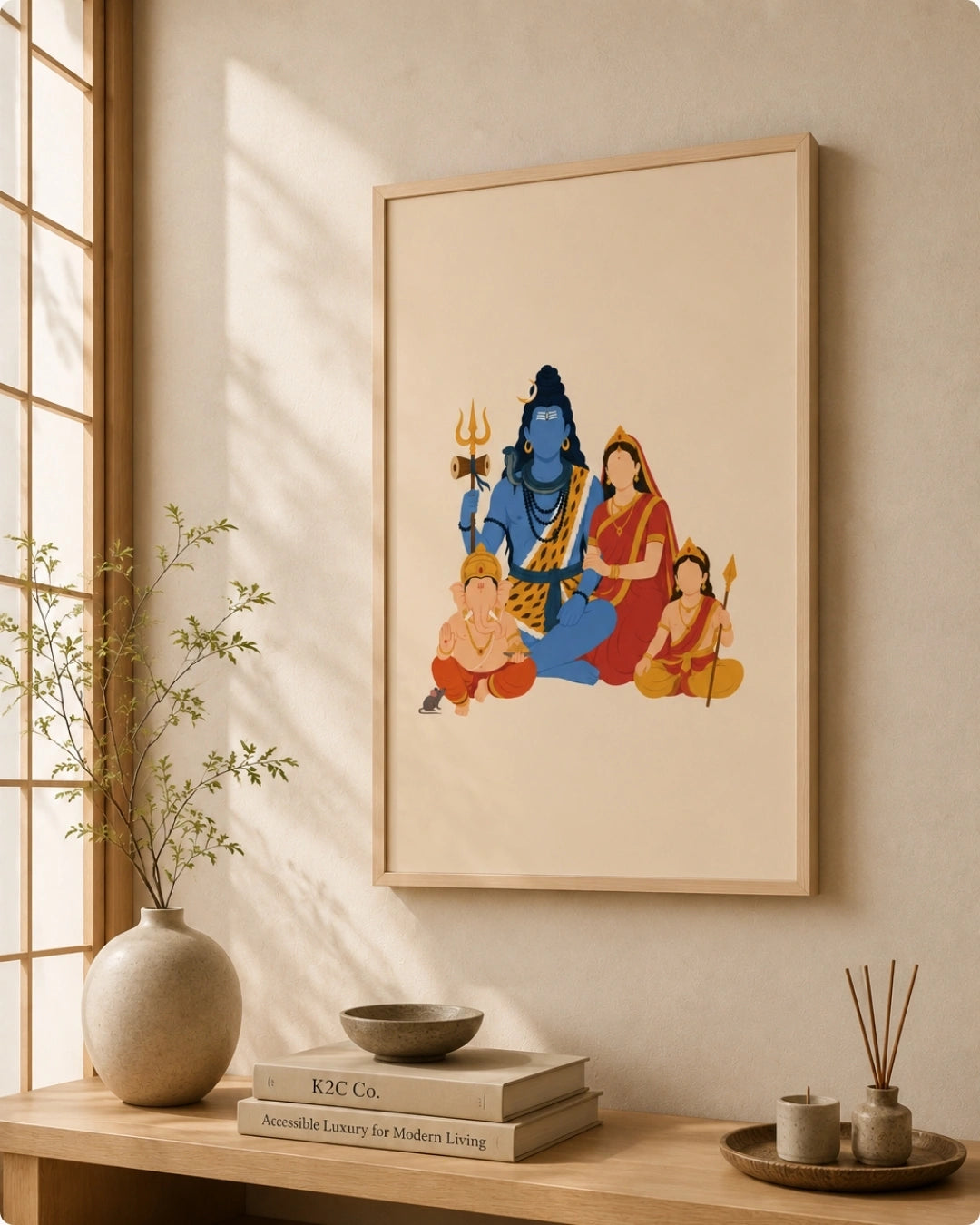 A framed art print featuring a stylized illustration of the Hindu family with Lord Krishna, displayed on a beige wall above a wooden console table with decorative items.