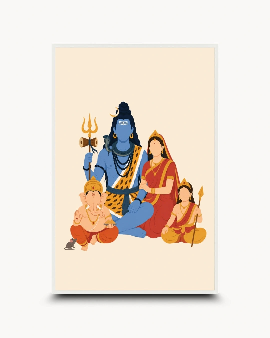 A vertical art print featuring a stylized illustration of the Hindu family: Lord Shiva, Goddess Lakshmi, Ganesha, and a young child, rendered in flat colors on a cream background.