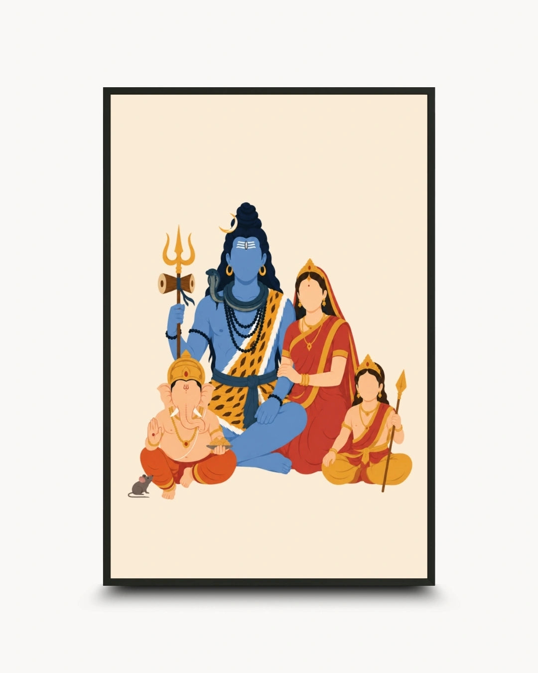 A framed art print featuring a stylized illustration of the Hindu family of gods and goddesses, including Shiva, Parvati, Ganesha, and Kartavya, on a cream background with a black frame.