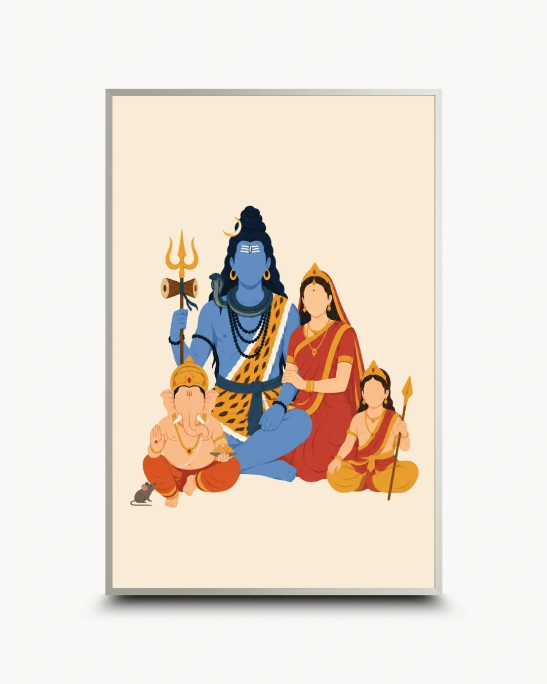 A vertical framed art print featuring a stylized illustration of Hindu deities, including Lord Shiva, on a cream background with a thin gold frame.