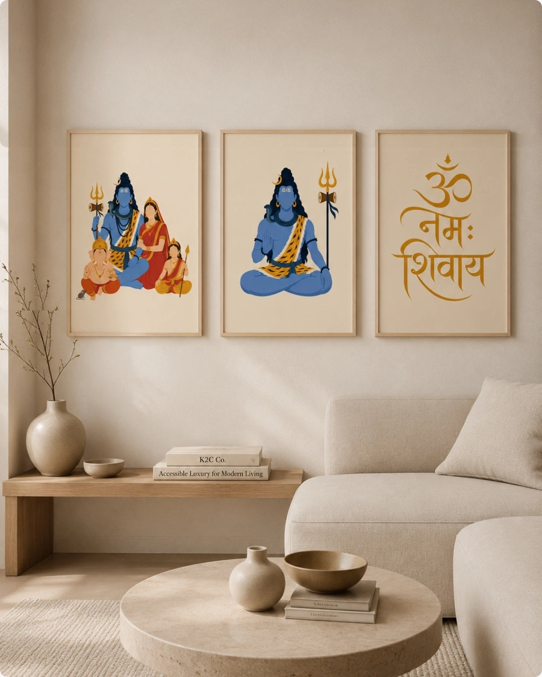 Lifestyle mockup of the Shiv Parivar Triad 3-piece wall art set in maple wood frames, displayed above a sleek light wooden bench in a serene Japandi-inspired seating area.