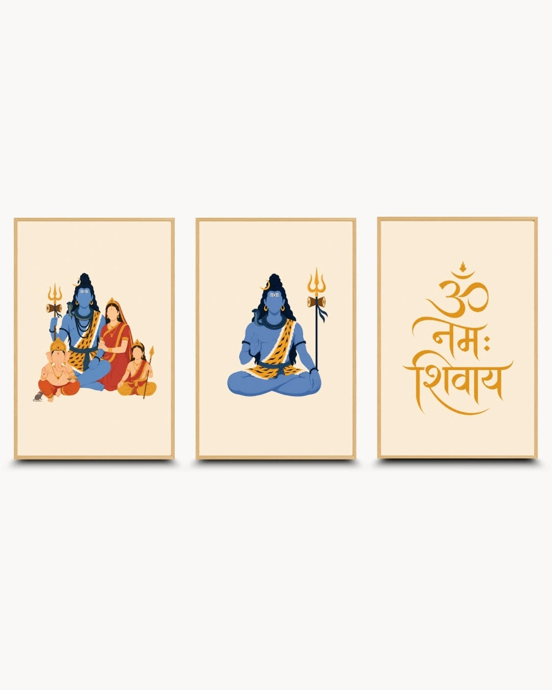 Minimalist illustration set of 3 featuring the Shiv Parivar, meditating Lord Shiva, and Om Namah Shivay typography, presented as modern framed wall art pieces in light maple wood frames.