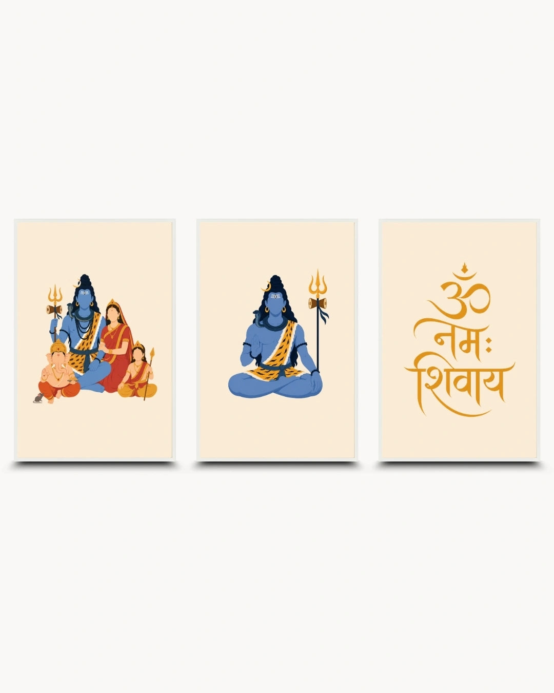 Minimalist illustration set of 3 featuring the Shiv Parivar, meditating Lord Shiva, and Om Namah Shivay typography, presented as modern framed wall art pieces in clean moon white frames.