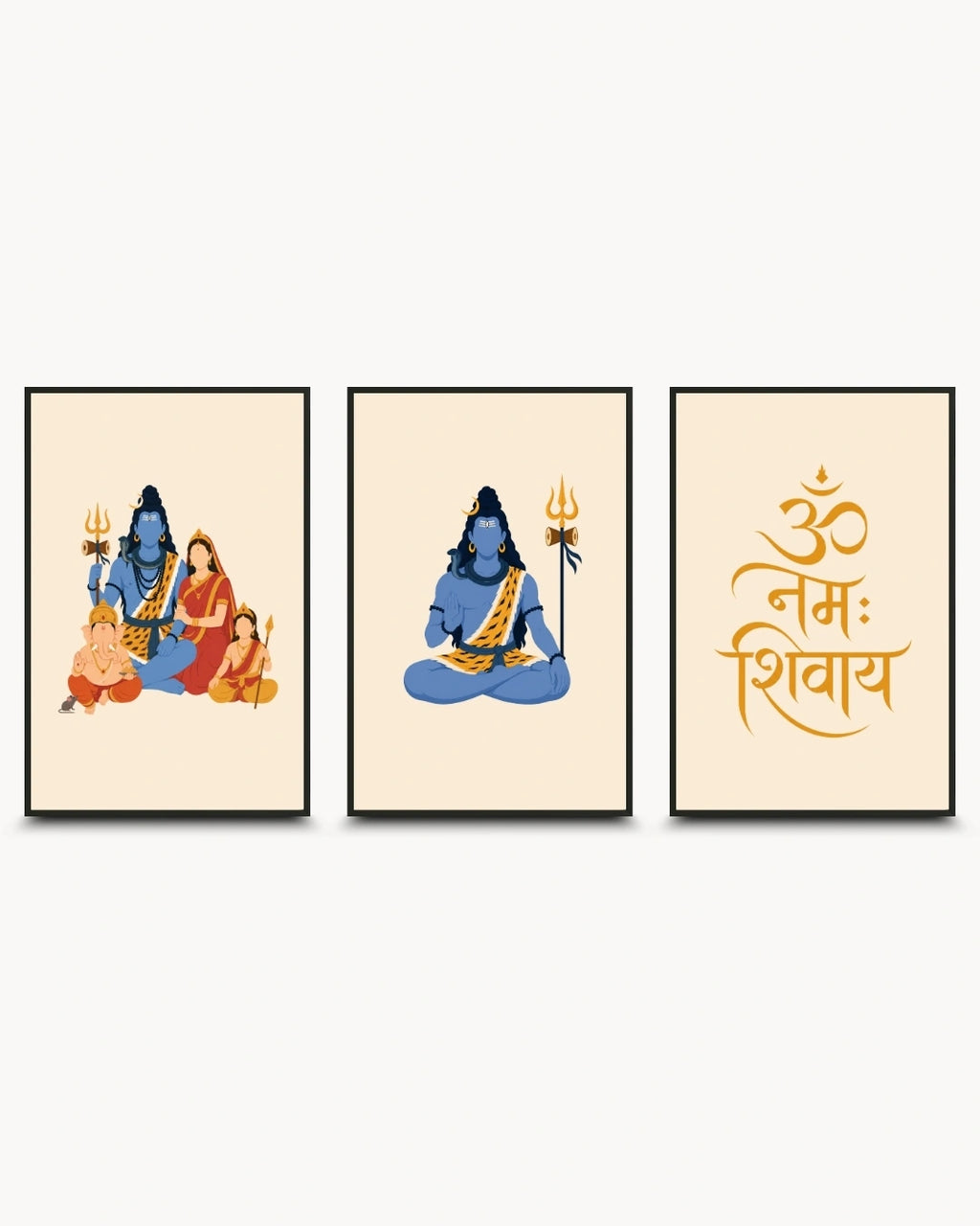 Minimalist illustration set of 3 featuring the Shiv Parivar, meditating Lord Shiva, and Om Namah Shivay typography, presented as modern framed wall art pieces in sleek noir black frames.
