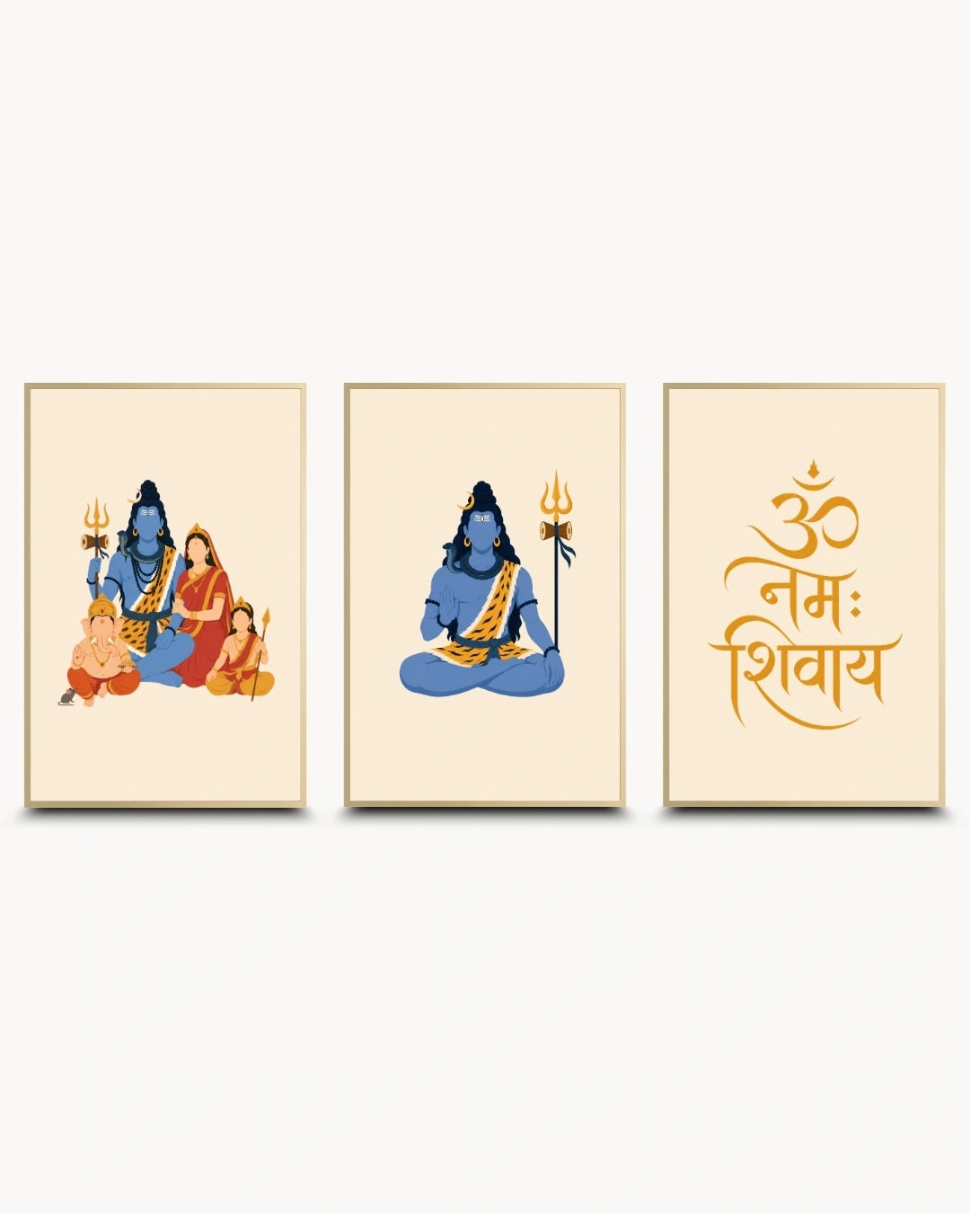 Minimalist illustration set of 3 featuring the Shiv Parivar, meditating Lord Shiva, and Om Namah Shivay typography, presented as modern framed wall art pieces in elegant satin gold frames.