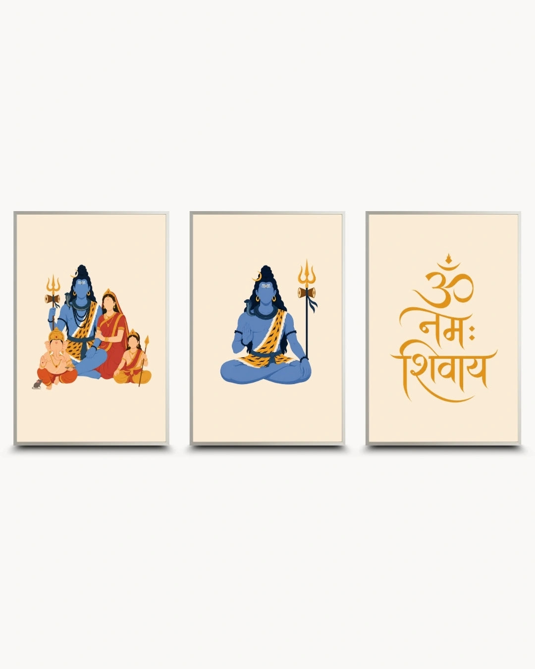 Minimalist illustration set of 3 featuring the Shiv Parivar, meditating Lord Shiva, and Om Namah Shivay typography, presented as modern framed wall art pieces in modern satin silver frames.