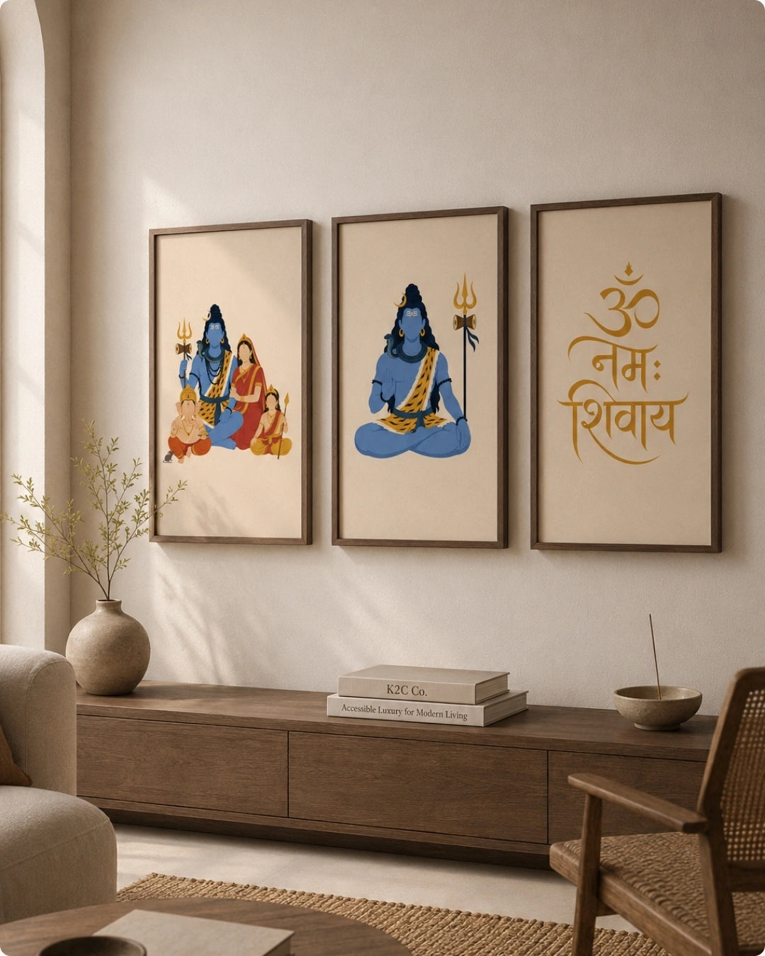 Lifestyle mockup of the Shiv Parivar Triad 3-piece wall art set in rich walnut wood frames, styled above a dark modern console table in a sunlit, contemporary space.