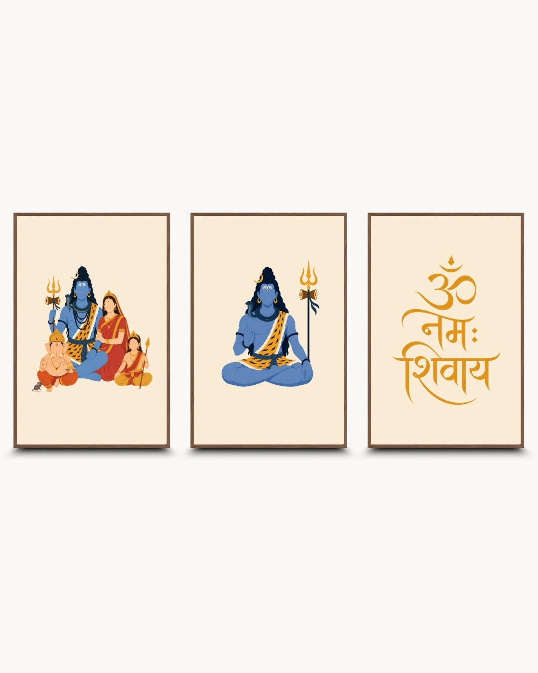 Minimalist illustration set of 3 featuring the Shiv Parivar, meditating Lord Shiva, and Om Namah Shivay typography, presented as modern framed wall art pieces in rich walnut wood frames.