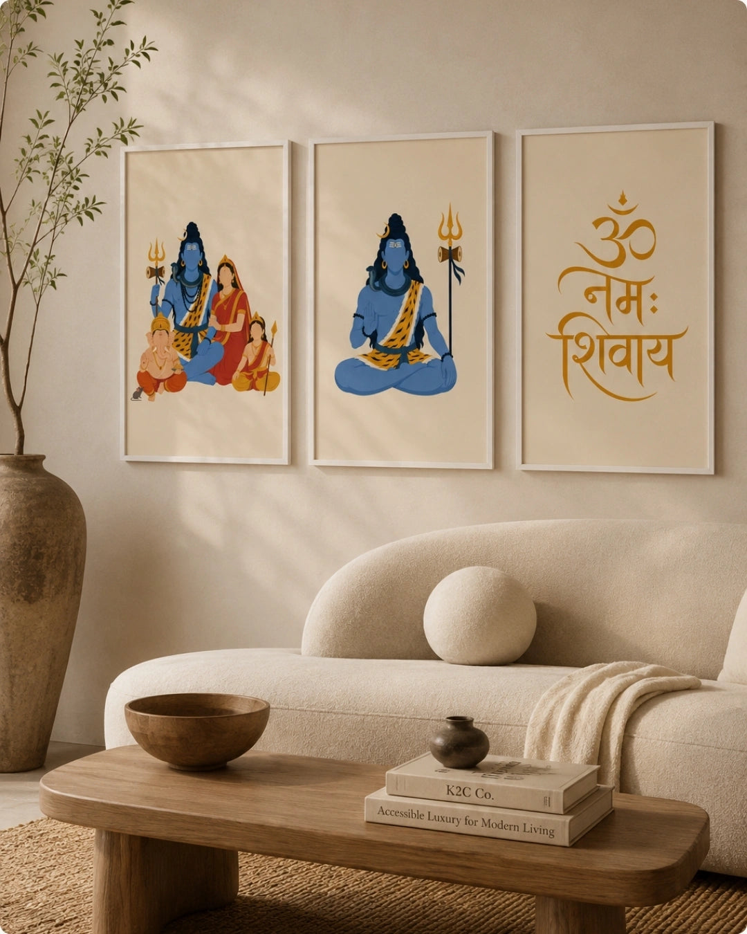 Lifestyle interior mockup of the Shiv Parivar Triad 3-piece wall art set in clean white frames, hung perfectly aligned over a curved beige sofa accented with wabi-sabi center table pottery.
