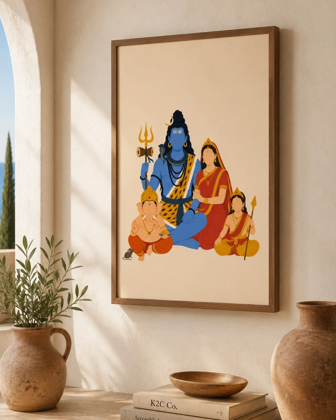 A framed art print featuring a stylized illustration of Hindu deities, including blue-skinned Lord Krishna, a red-skinned woman, and children, displayed on a warm beige wall in a styled room setting with a potted plant and ceramic vases.