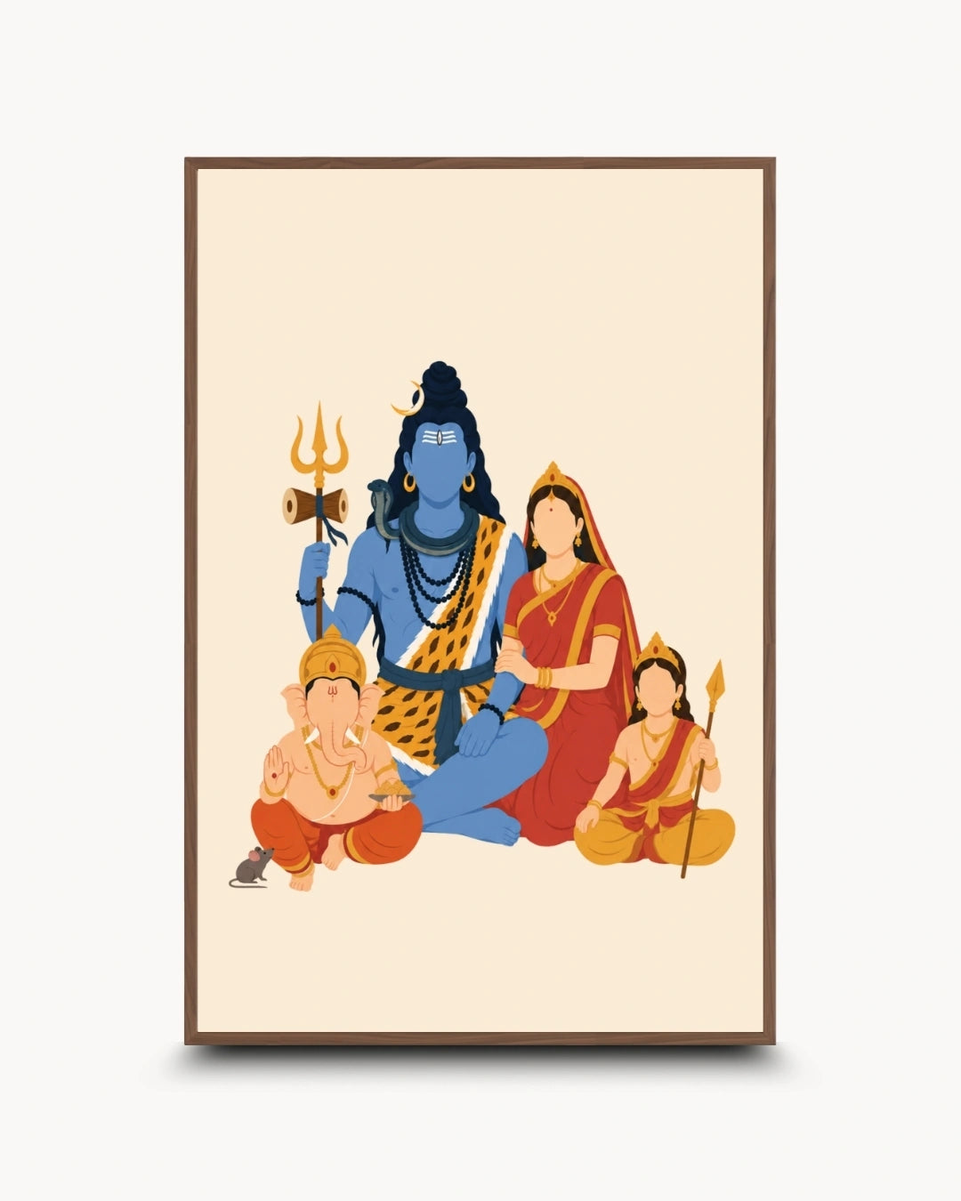 A framed art print featuring a stylized illustration of the Hindu family deity scene, showing Lord Shiva, Parvati, Ganesha, and a child, on a cream background with a brown frame.