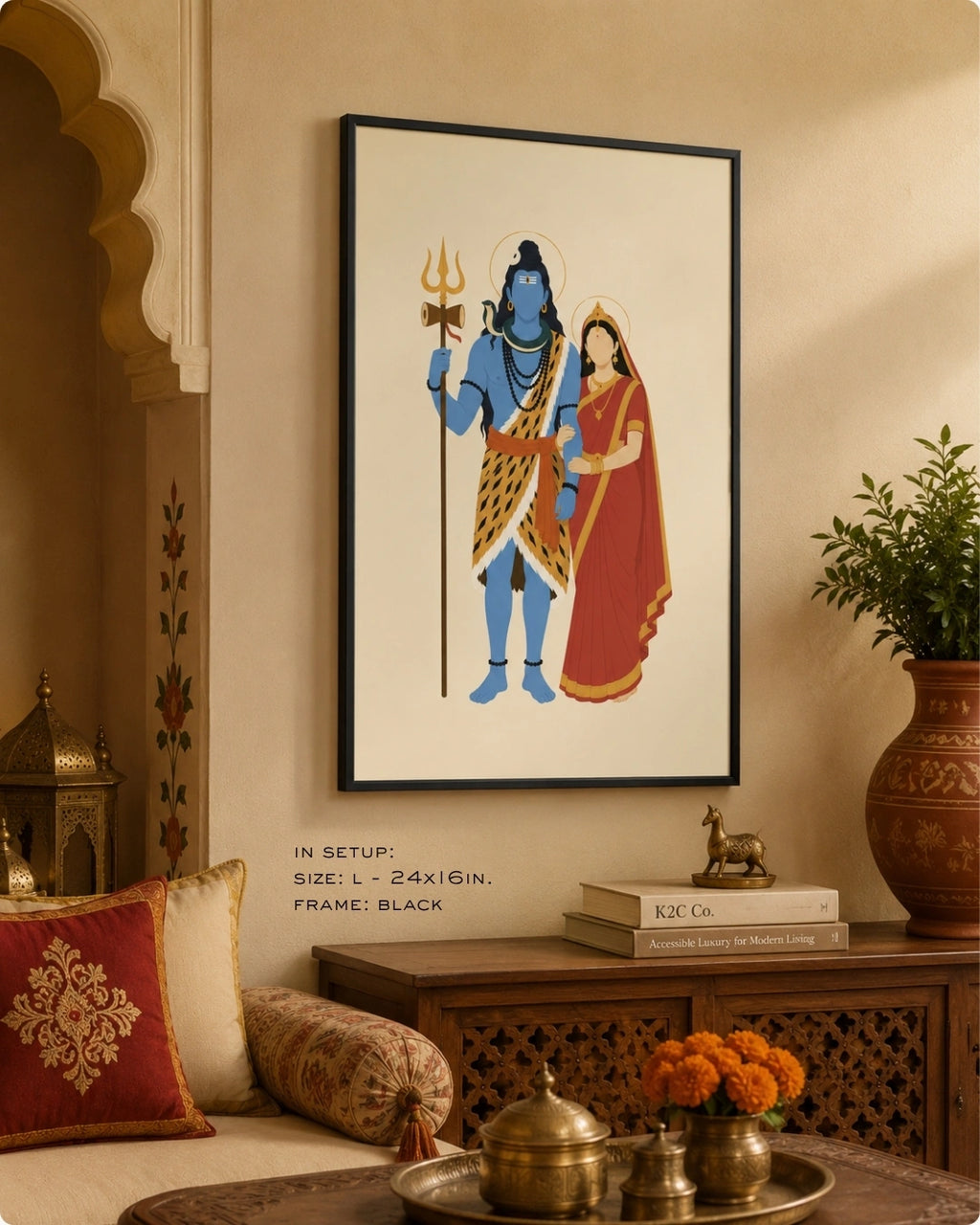 Lifestyle mockup of the minimalist Hindu divine couple Shiva and Parvati wall art in a sleek black frame, styled in a warm living room with contemporary Indian decor elements.