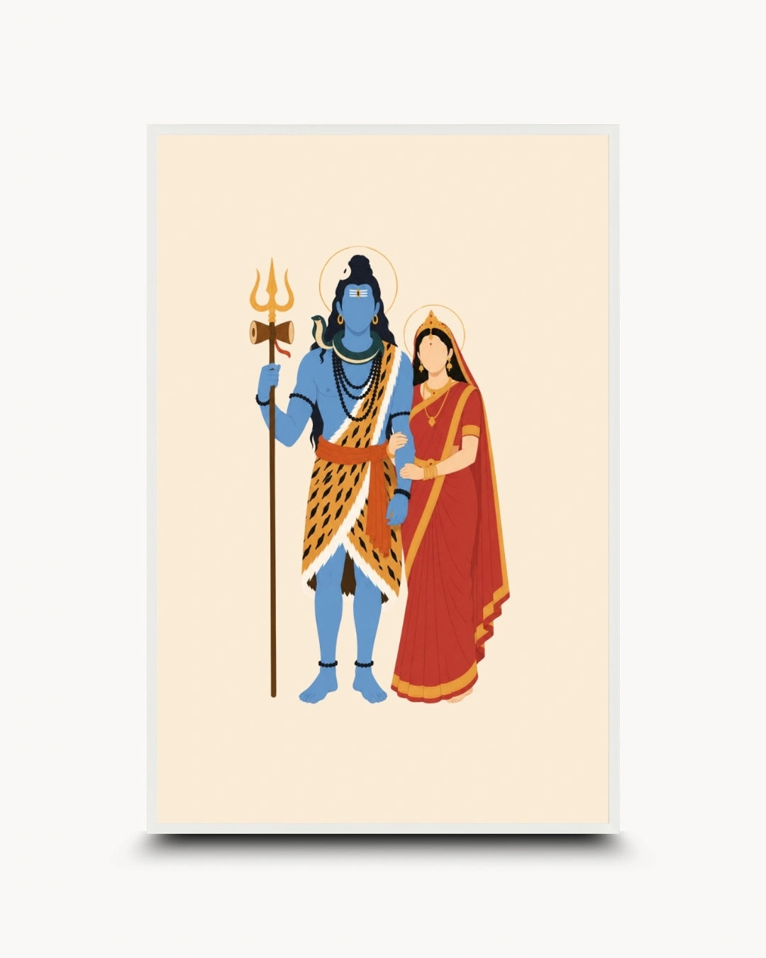 Minimalist illustration of the Hindu divine couple Shiva and Parvati, presented as a modern wall art piece in a clean moon white frame.