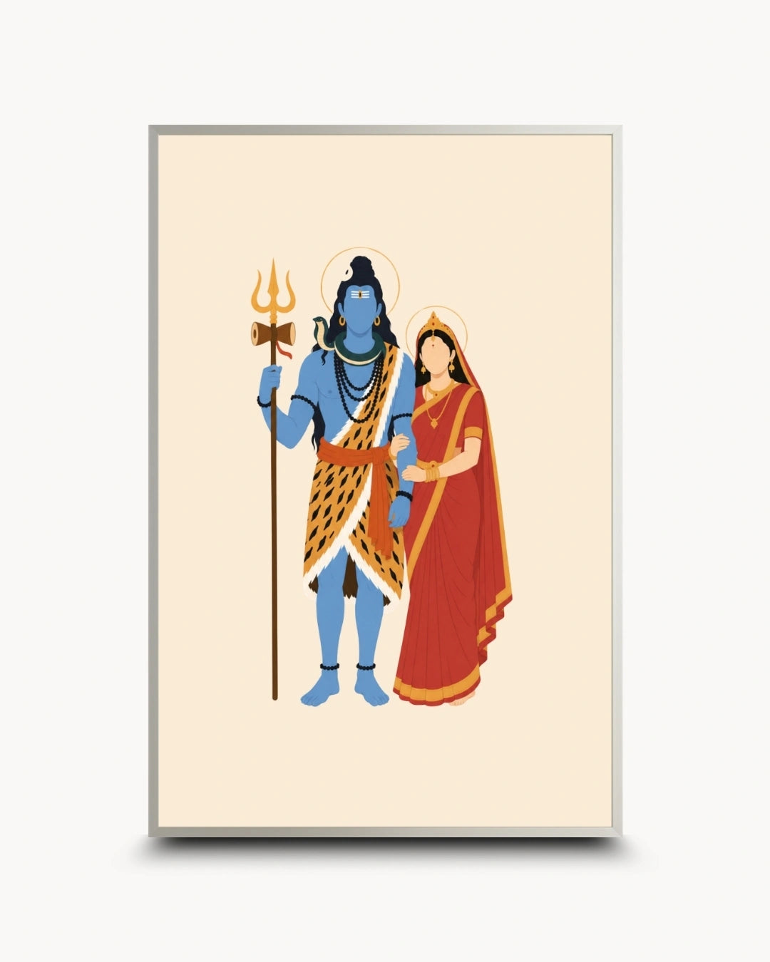 Minimalist illustration of the Hindu divine couple Shiva and Parvati, presented as a modern wall art piece in a modern satin silver frame.