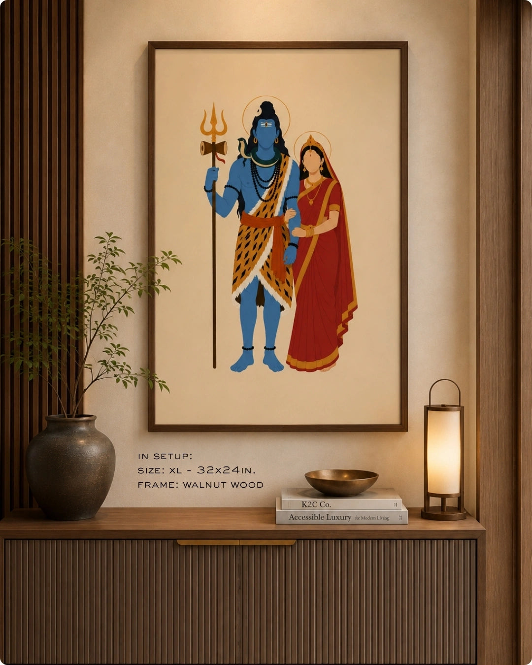 Lifestyle mockup of the minimalist Hindu divine couple Shiva and Parvati wall art in a rich walnut wood frame, hung above a modern fluted wooden console table.