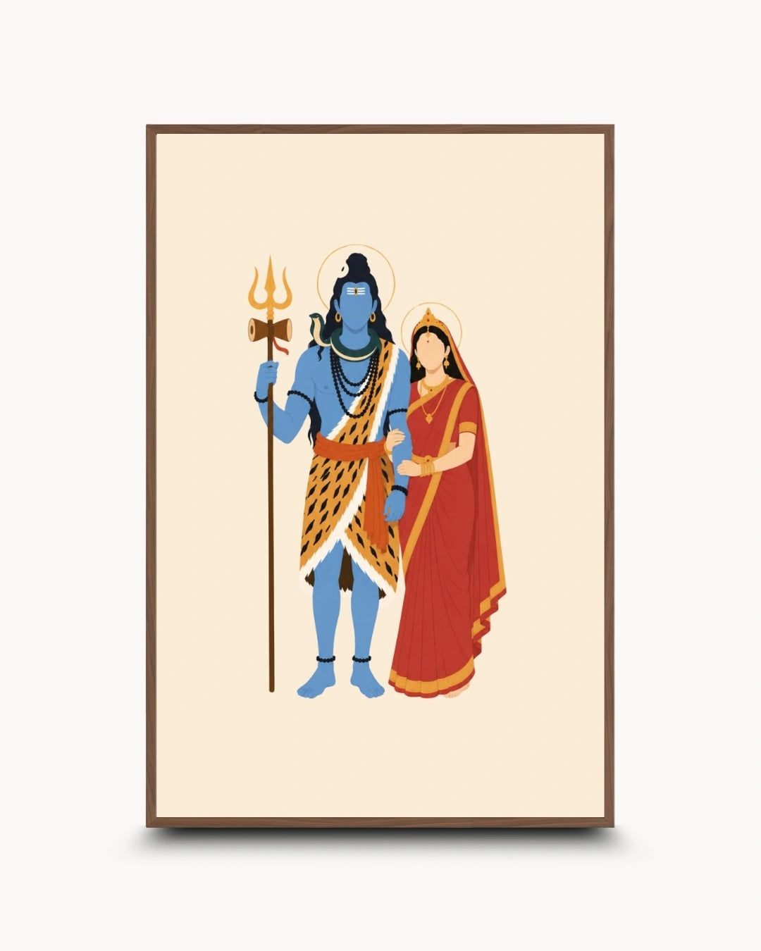 Minimalist illustration of the Hindu divine couple Shiva and Parvati, presented as a modern wall art piece in a rich walnut wood frame.