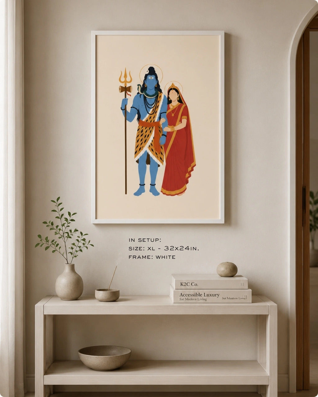 Lifestyle mockup of the minimalist Hindu divine couple Shiva and Parvati wall art in a clean white frame, styled above a modern Japandi entryway console table.