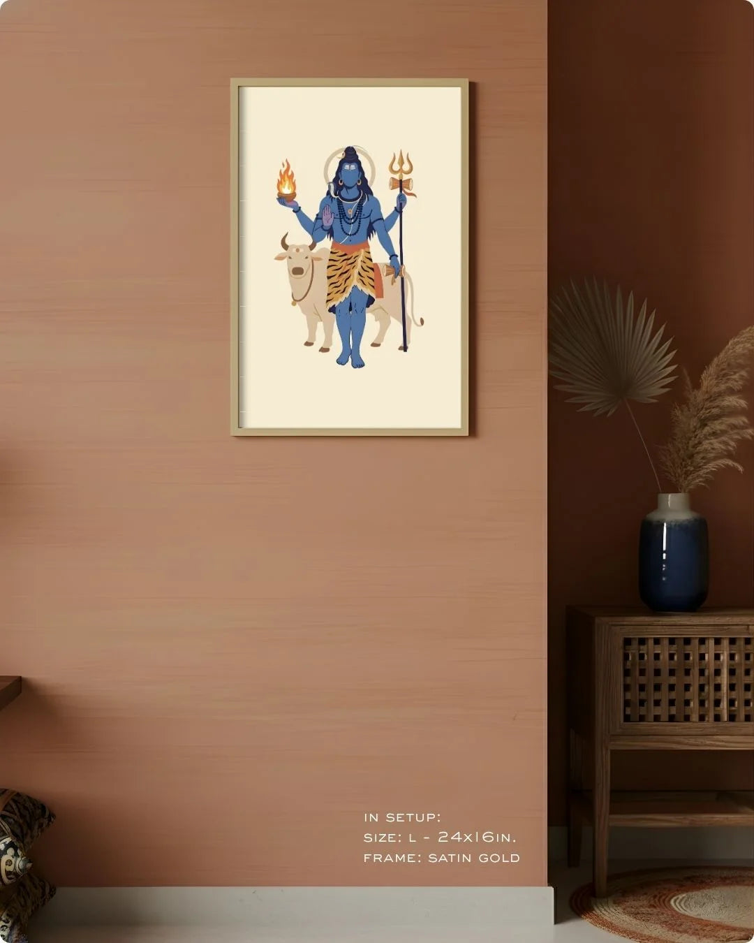 Large (Size L - 24x16in) Lord Shiva minimalist art in a Satin Gold frame, showing the ideal scale for standard living room walls.