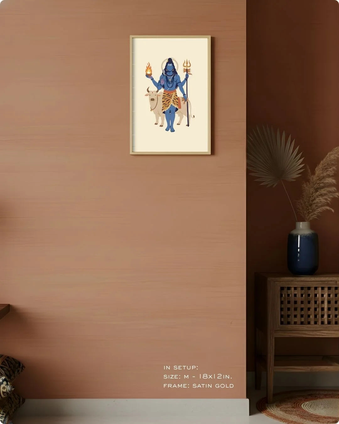 Medium (Size M - 18x12in) Shiva divine print in a Satin Gold frame, perfectly scaled for a modern gallery wall or entryway.