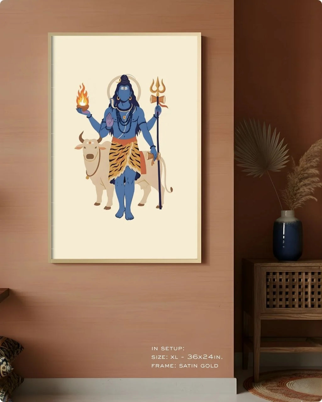 Extra Large (Size XL - 36x24in) Shiva divine print in a Satin Gold frame, demonstrating a monumental statement wall scale on a terracotta wall.
