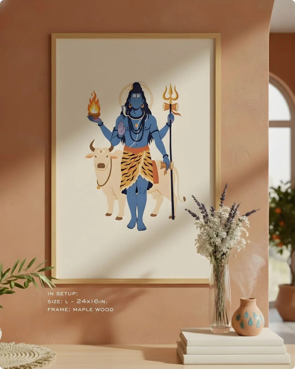 Close-up of the Shiva divine illustration in a Satin Gold frame, showcasing the blue silhouette and golden trishula against an earthy neutral wall.