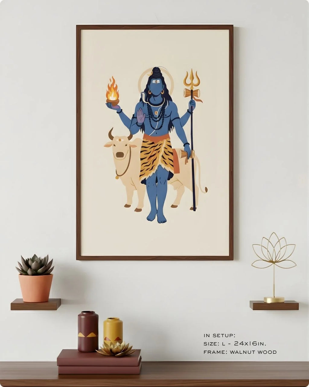 Lord Shiva flat art in a Walnut Wood frame, styled on a minimalist shelf with a succulent and gold lotus ornament.