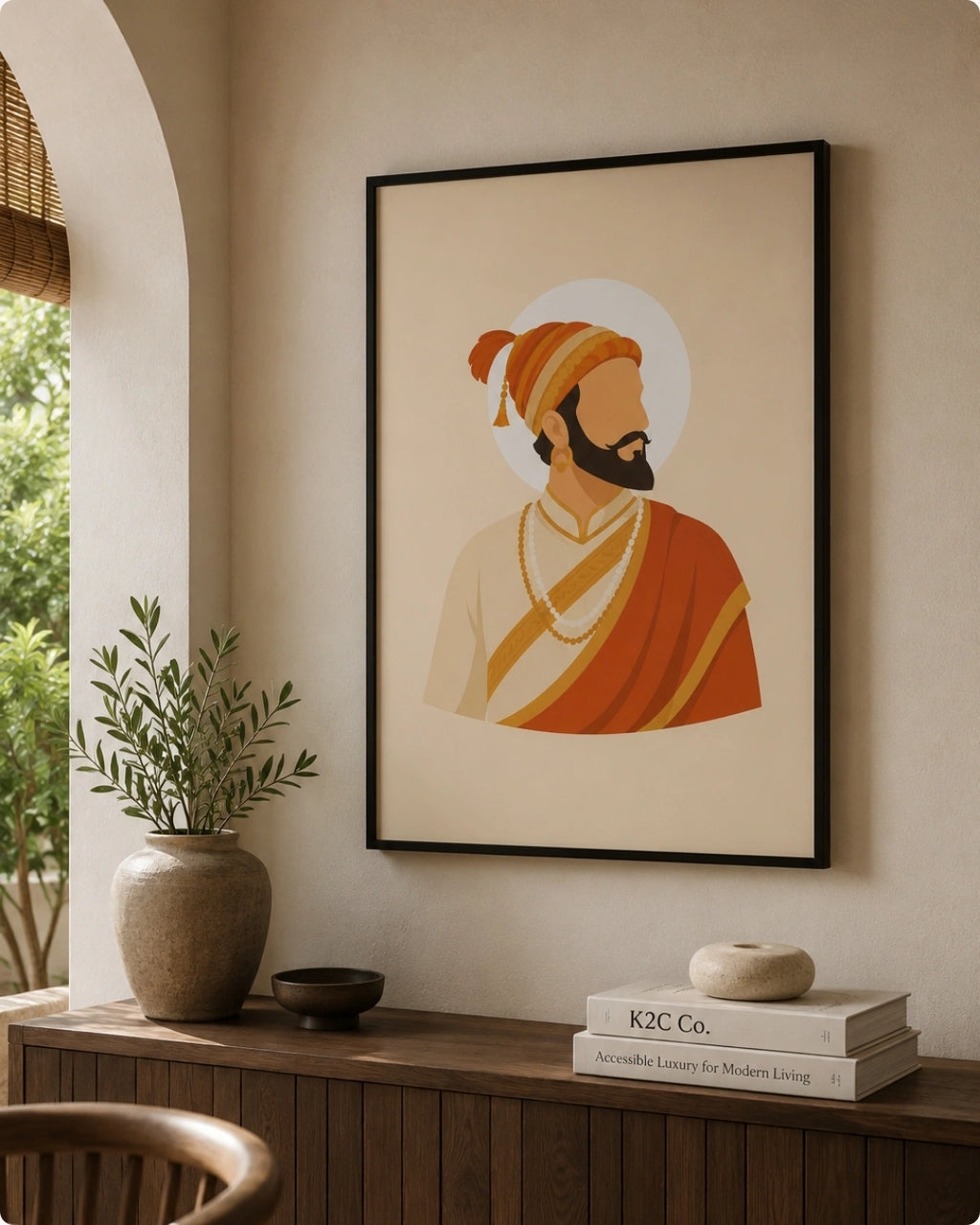 Lifestyle mockup of the Shivaji Maharaj wall art in a sleek black frame styled above a dark wooden console with minimal ceramic decor and greenery.