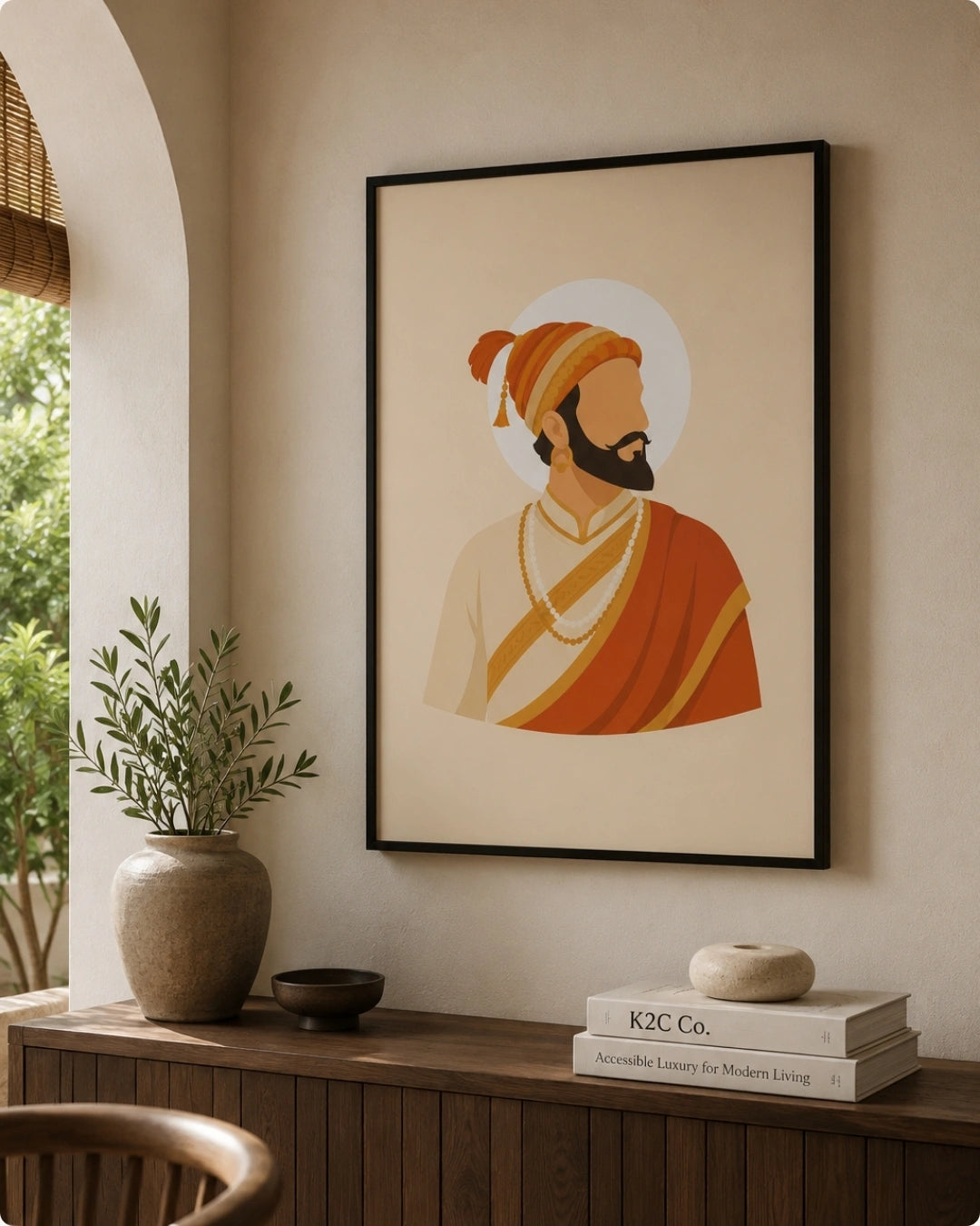 Lifestyle mockup of the Shivaji Maharaj wall art in a sleek black frame styled above a dark wooden console with minimal ceramic decor and greenery.