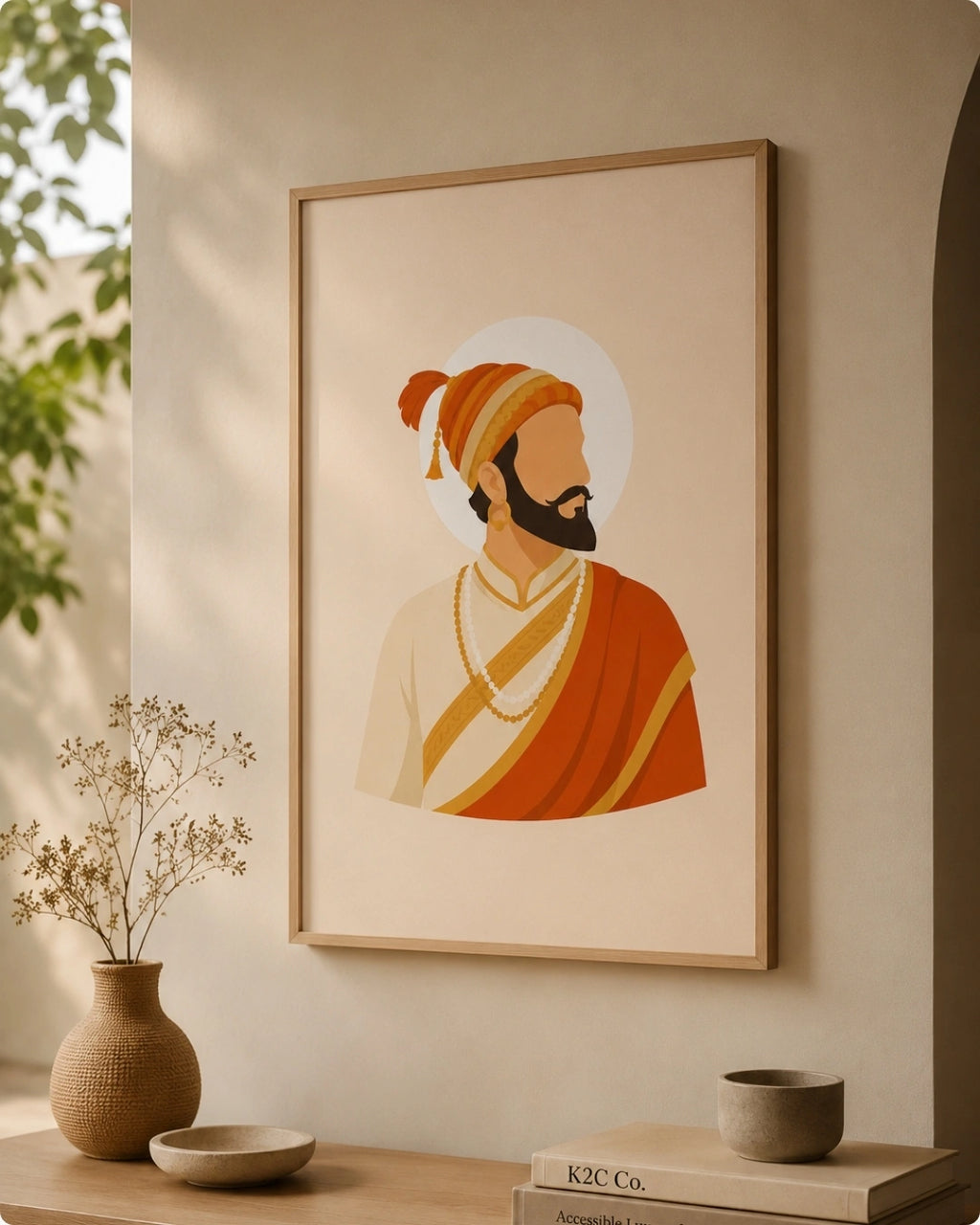 Lifestyle mockup of the Shivaji Maharaj wall art in a light maple wood frame displayed perfectly next to a sunlit arched nook and earthy vase.