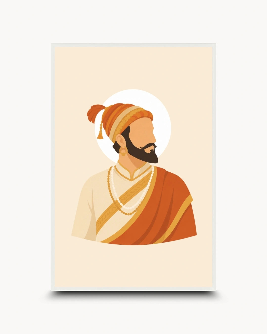 Minimalist profile illustration of Chhatrapati Shivaji Maharaj presented as a modern wall art piece in a clean moon white frame.