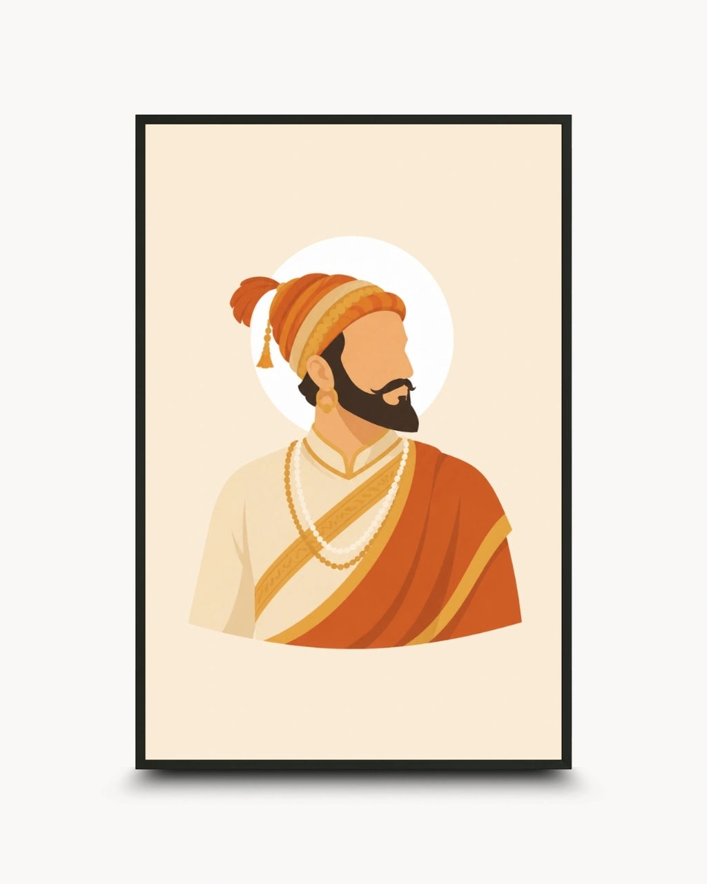 Minimalist profile illustration of Chhatrapati Shivaji Maharaj presented as a modern wall art piece in a sleek noir black frame.