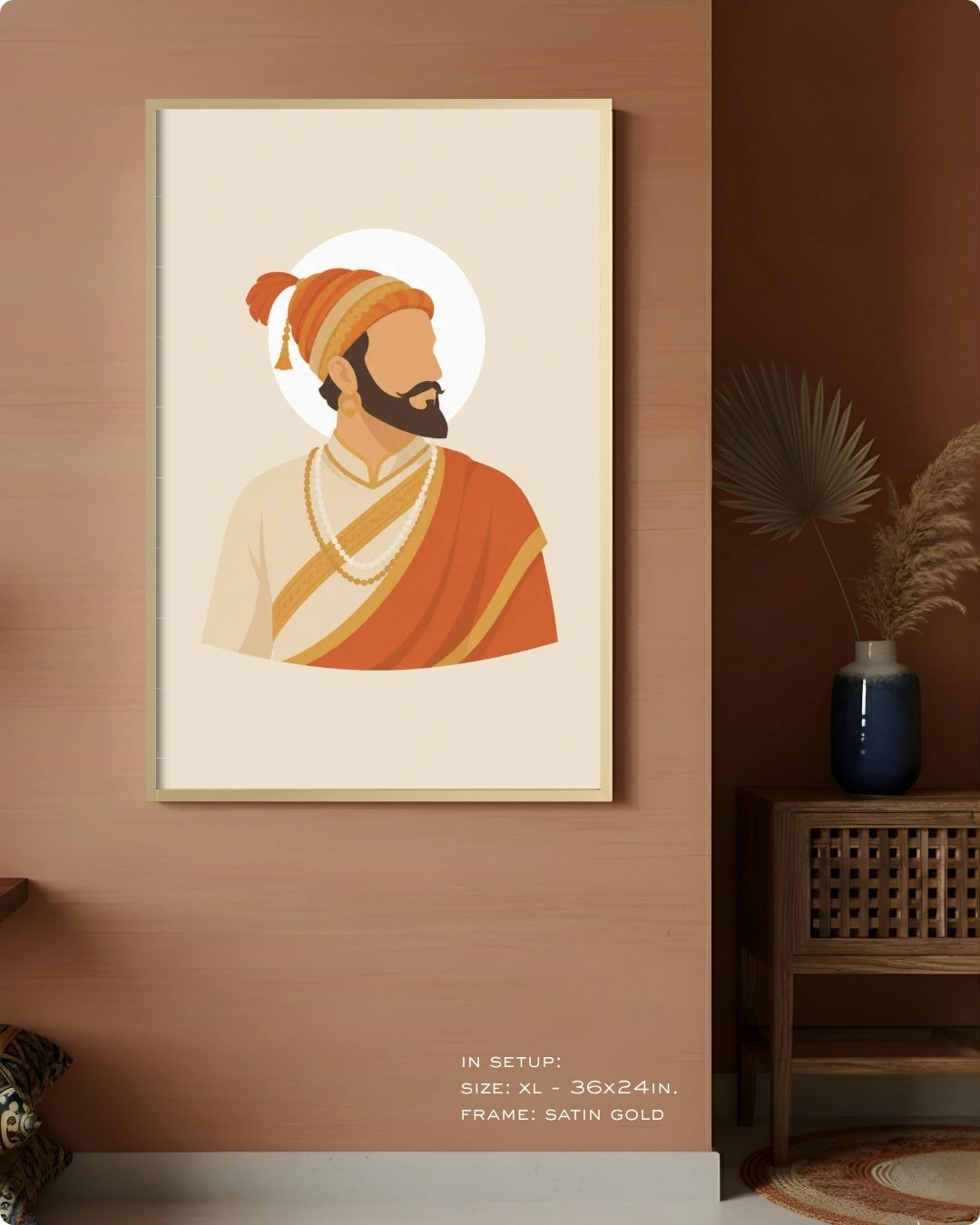 Visual size guide mockup for the Shivaji Maharaj wall art in Extra Large size with a satin gold frame displayed against a warm terracotta accent wall.
