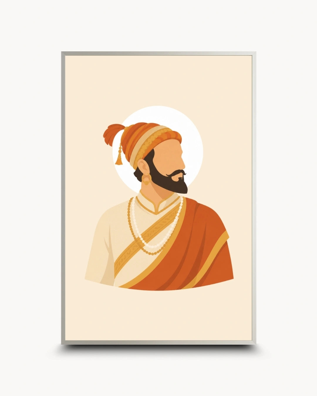 Minimalist profile illustration of Chhatrapati Shivaji Maharaj presented as a modern wall art piece in a modern satin silver frame.