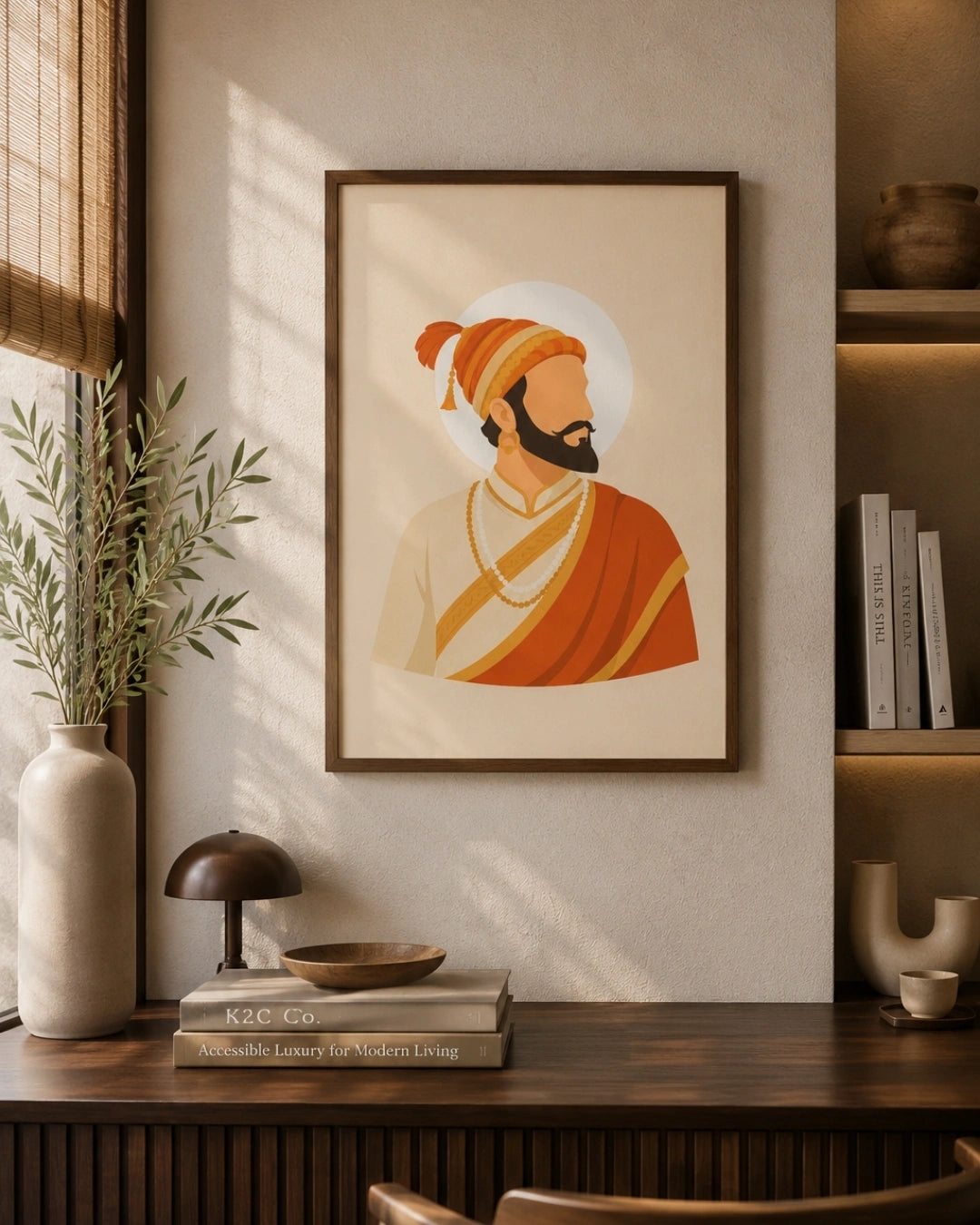 Lifestyle mockup of the minimalist Shivaji Maharaj wall art in a rich walnut wood frame beautifully aligned over a stylish dark wood home office desk.